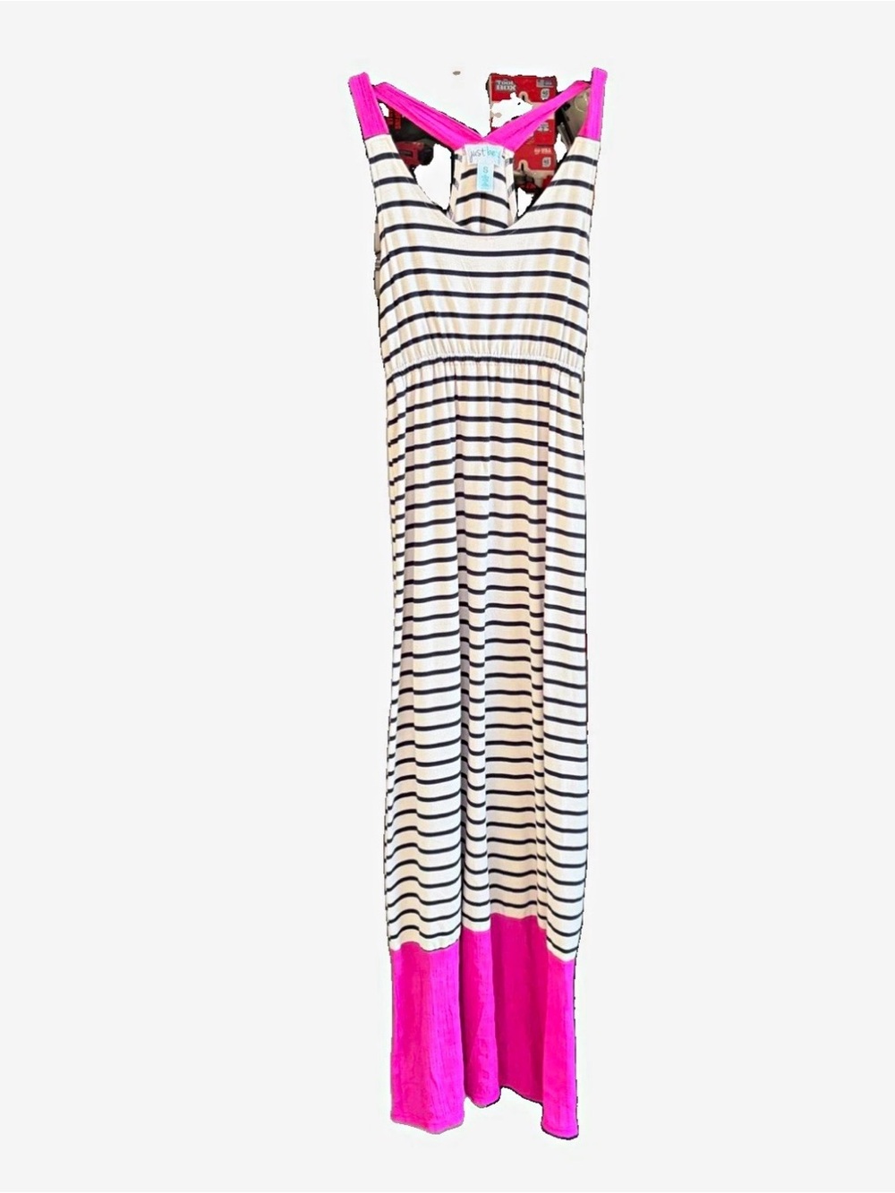 Striped navy & White Maxi Dress with Hot Pink Trim